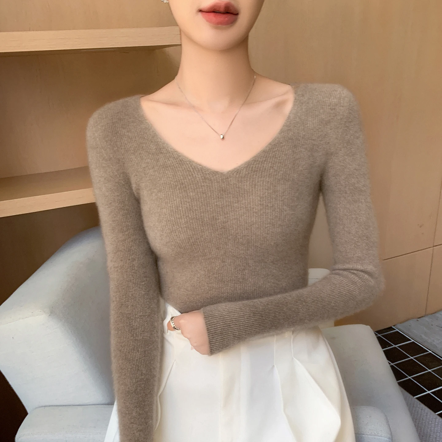 Simple Women's Sweater 100% Cashmere Pullover Knitwear V-neck Soild Seamless Slim Fit Basic Long Sleeve Tops Autumn Winter