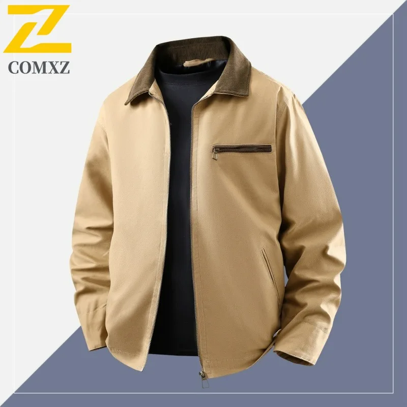 

COMXZ 2025 Мужская куртка, весенне-осенняя повседневная хлопковая куртка с воротником-стойкой, свободная посадка, спортивное пальто большого размера, модное модное