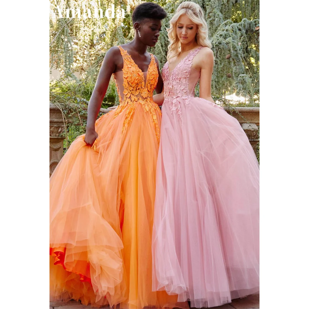 Amanda 3D Flower Embroid فساتين السهرة Sexy V-neck Tulle Orange A-line Prom Dress 2023 Princess Sleeveless Prom Gown