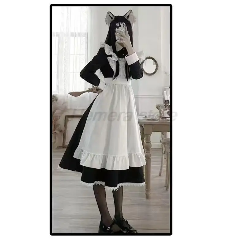 Abito da cameriera Lolita classico da donna Abiti da donna di ispirazione vintage Cosplay Anime Girl Abito nero a maniche lunghe S-3XL