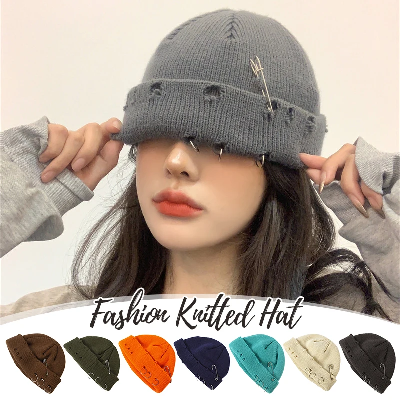 Ripped Punk Beanies Knitted Hat Women's Fashion Warm Hip Hop Cap Streetwear Pin Hole Skullcap Short Hat Unisex Basic Cap Men