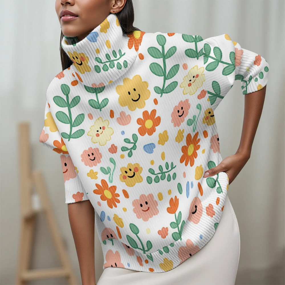 

Flower leaf pattern Turtleneck sweater Tropical floral patterns Long-sleeved sweater Tropical plants and flowers sweater