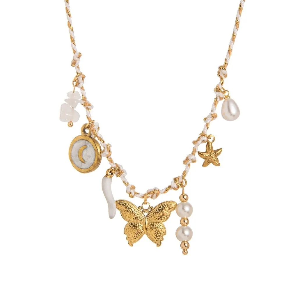 Kalung Rantai Tali Simpul Boho Antik Kalung Cangkang Keong Bintang Laut Penyu Hadiah Choker Kerang Matahari