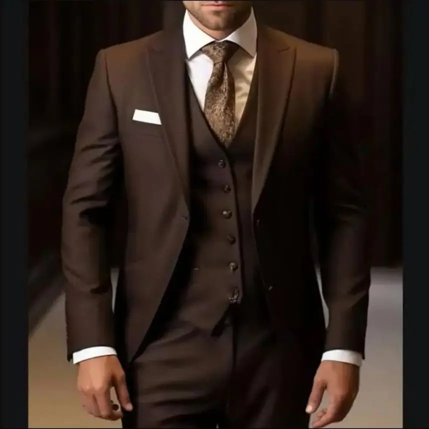 

New High Quality Slim Fit Brown Men Suits for Wedding Single Breasted Peak Lapel Skinny 3 Piece Jacket Pants Vest Costume Homme