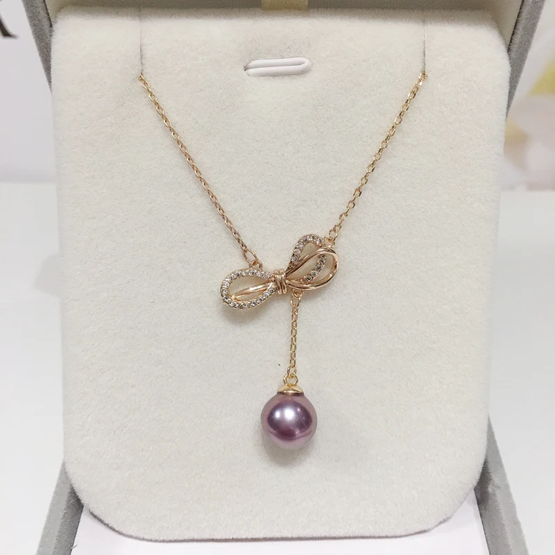 ZHBORUIN 2022 New 100% Real Natural Freshwater Pearl Necklace Pearl Jewelry Round Purple Pearl Bow Pendant Chain For Woman Gift