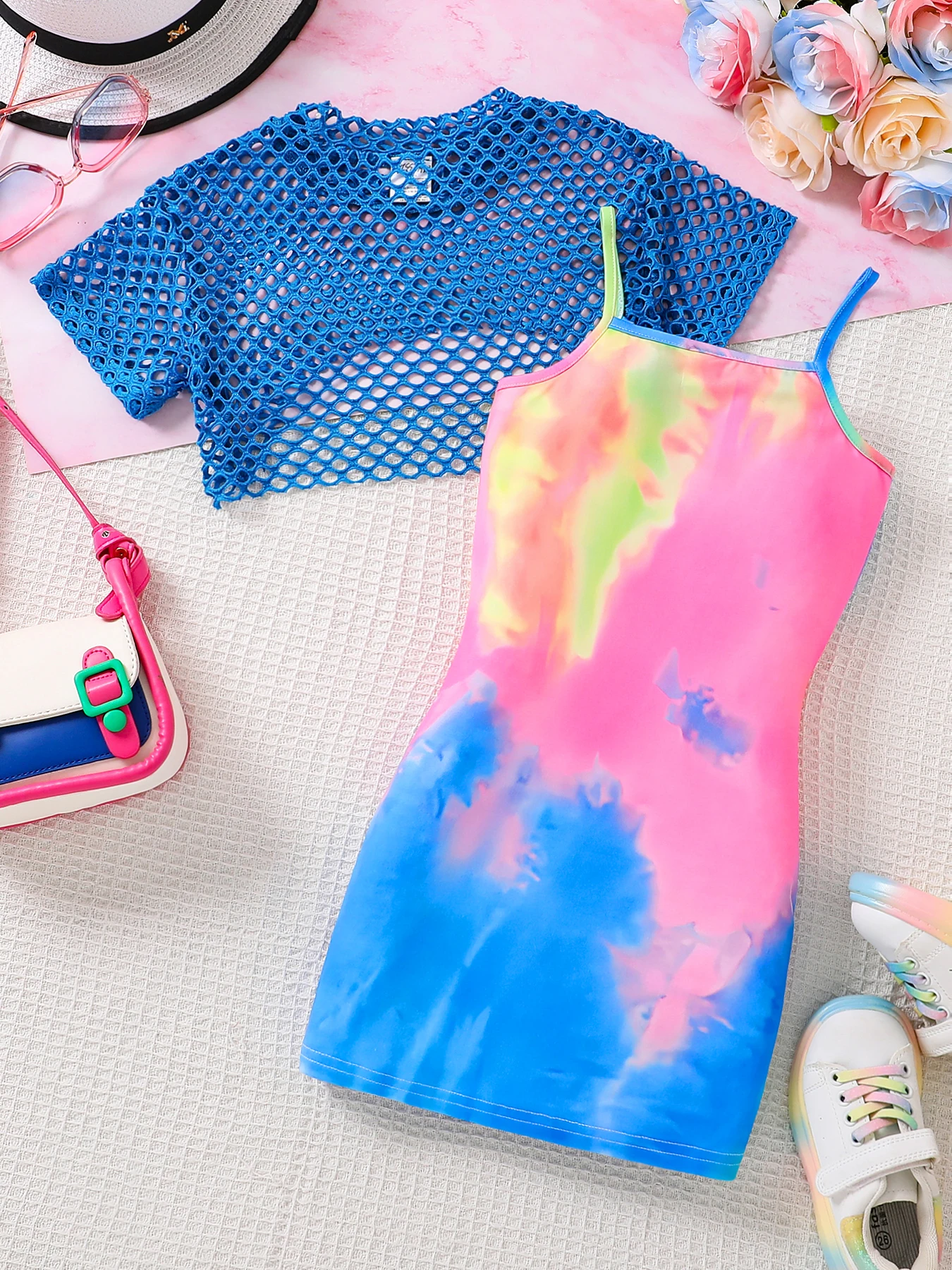 Summer girls' children's set, breathable mesh short restorative slimming micro-elastic spaghetti-strap short skirt two-piece set