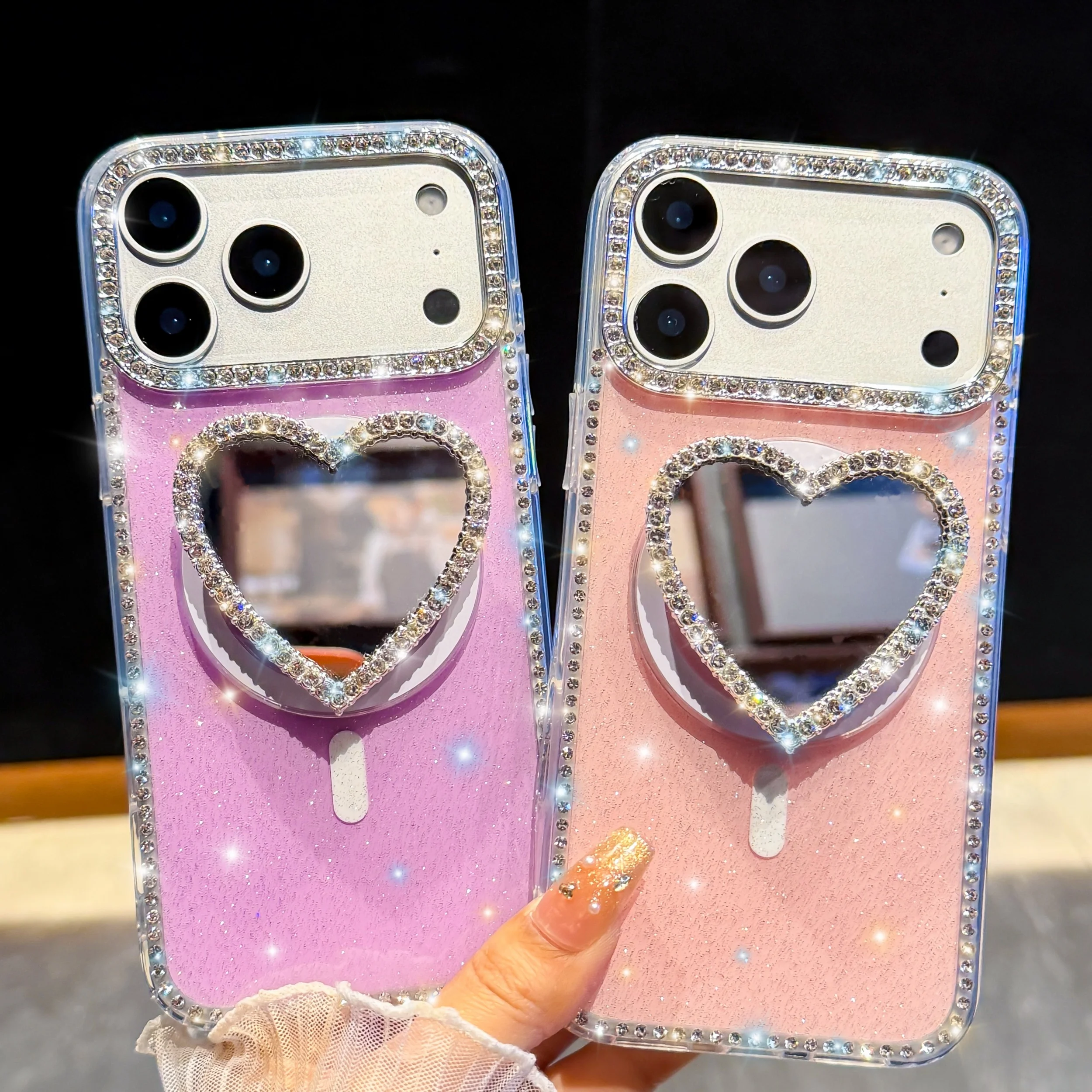 

Stylish Diamond Magnetic Mirror Holder Shockproof IMD Design Mobile Phone Case for 13-17 Pro Max