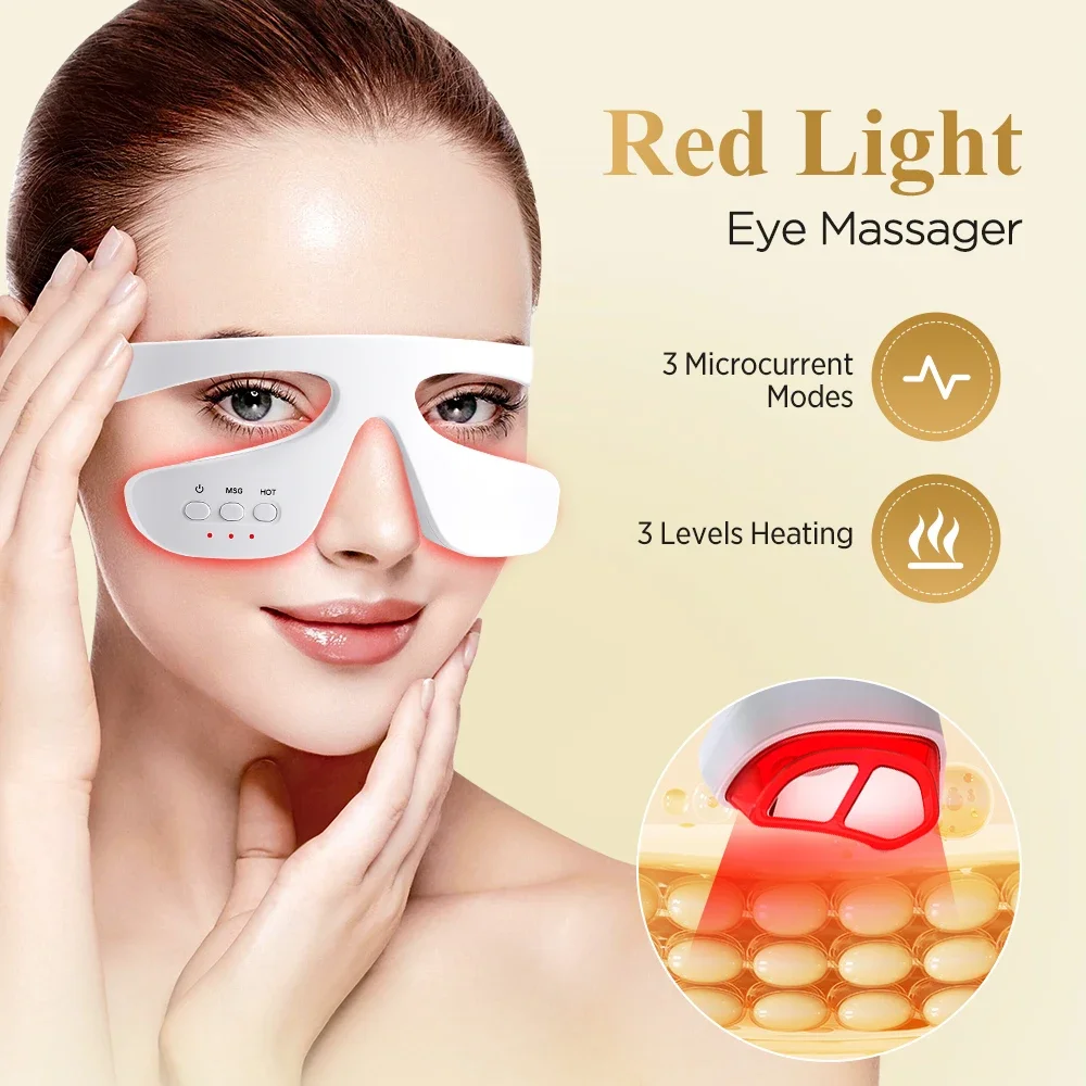 Appareil de thérapie par la lumière rouge sous les yeux, masseur oculaire à microcourant, lunettes de thérapie par la lumière rouge, masseur relaxant pour les yeux 3D, réduit la cernes