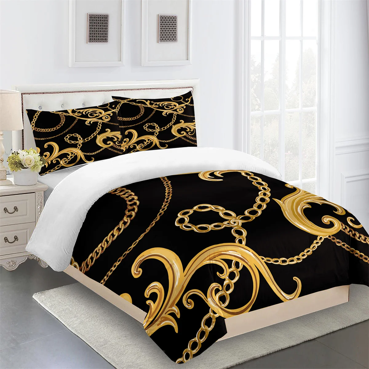 Imagem -04 - Conjunto de Roupa de Cama de Luxo para Crianças Capa de Edredão Gêmeo Rainha Rei Tamanho Completo Preto Ouro Geométrico Lugares 200x200 240x220 Pcs