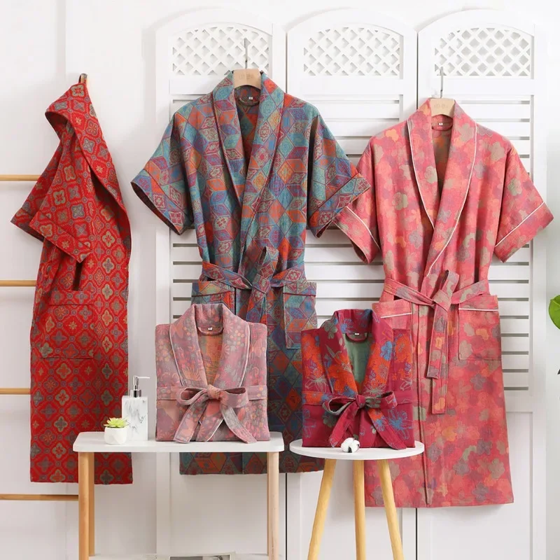 Spring Thin Cotton Double-layer Yarn Short-sleeved Bathrobe Long Loose Pajamas Absorbs Water and Dries Quickly Home Nightgown