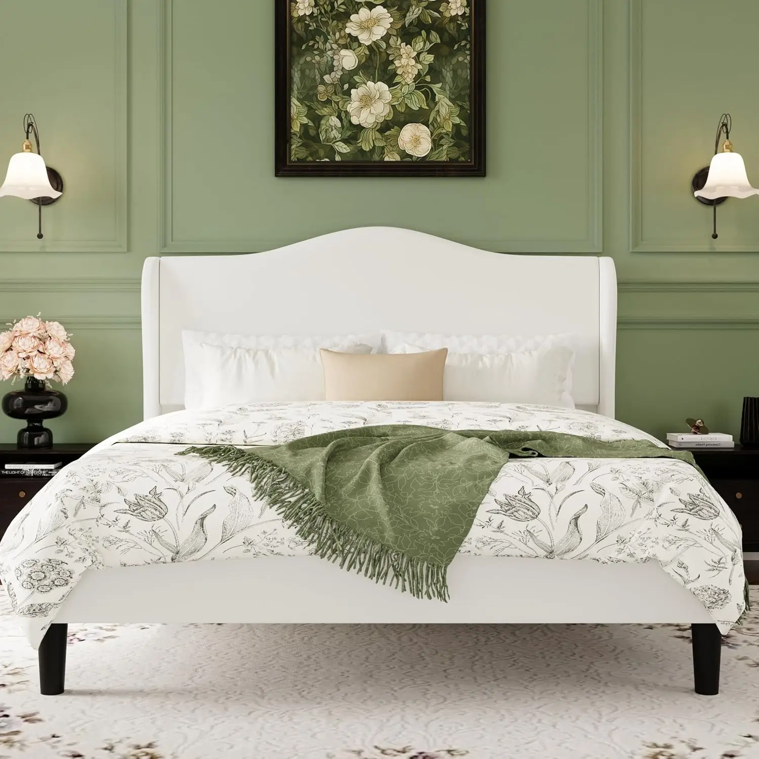 Full Bed Frame Wingback Headboard White Velvet Platform Wooden Slats Noise-Free No Box Spring, Customized