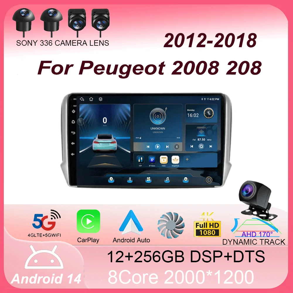 

Android 14 Carplay Автомобильный радиоприемник Видео для Peugeot 2008 208 2012-2018 Мультимедийный плеер GPS-навигация Авторадио Стерео 2 Din DVD BT