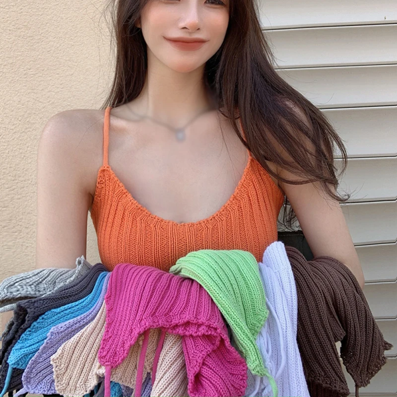 

Summer Short Knitted Tank Top Women Suspenders Multi-wear Vest Tops Lace-up Sexy Outerwear Various Colors Slim Fit Camisole