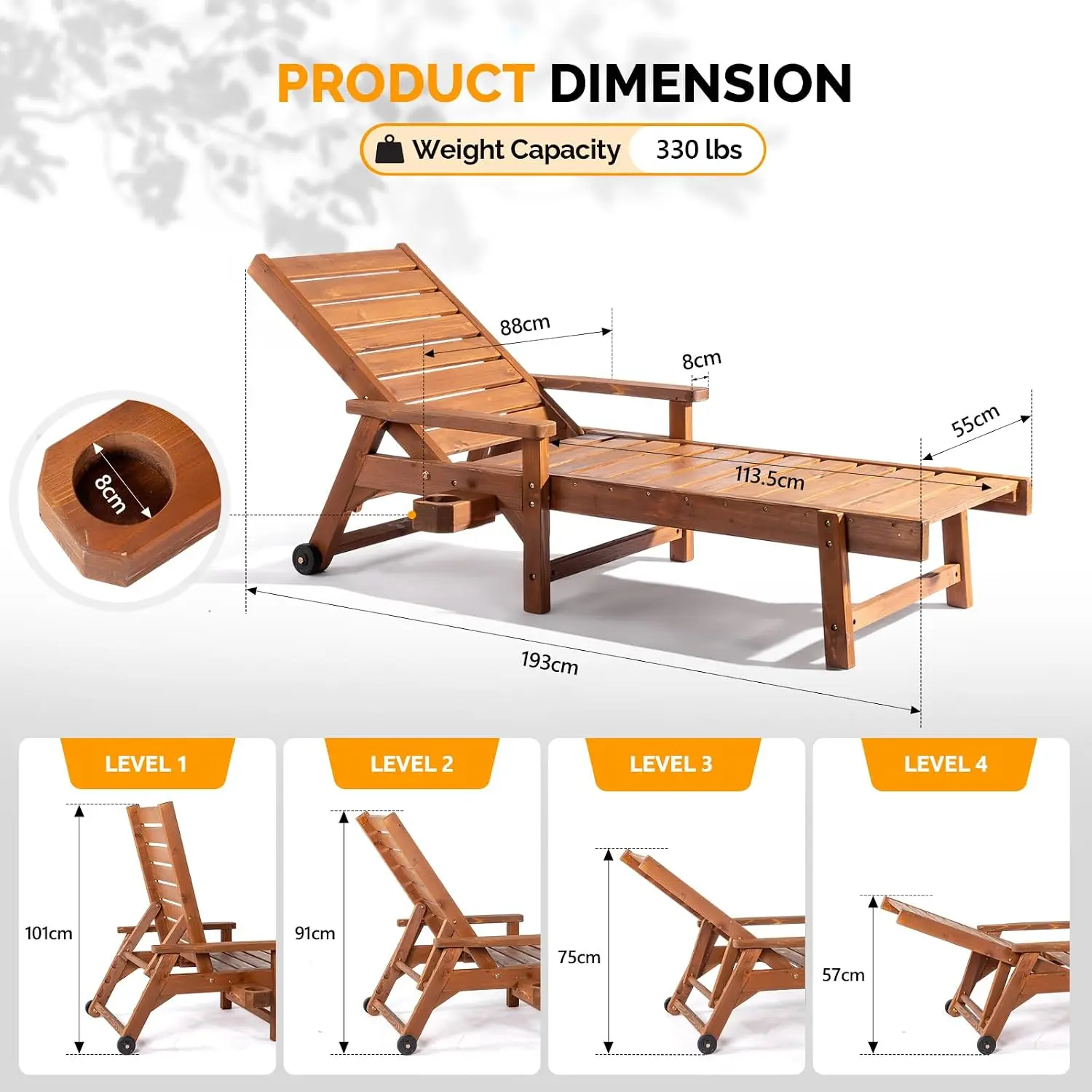 Outdoor Chaise Lounge Chair, Wooden Patio Lounger Chair with Adjustable Backrest, Pool Chaise Lounge with Cup, Customized