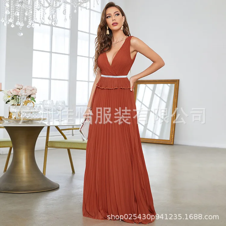 

New Hot Fashion Sexy Open Back V-Neck Elegant Dress Sleeveless Solid Temperament Pleated Chiffon Evening Dress for Women