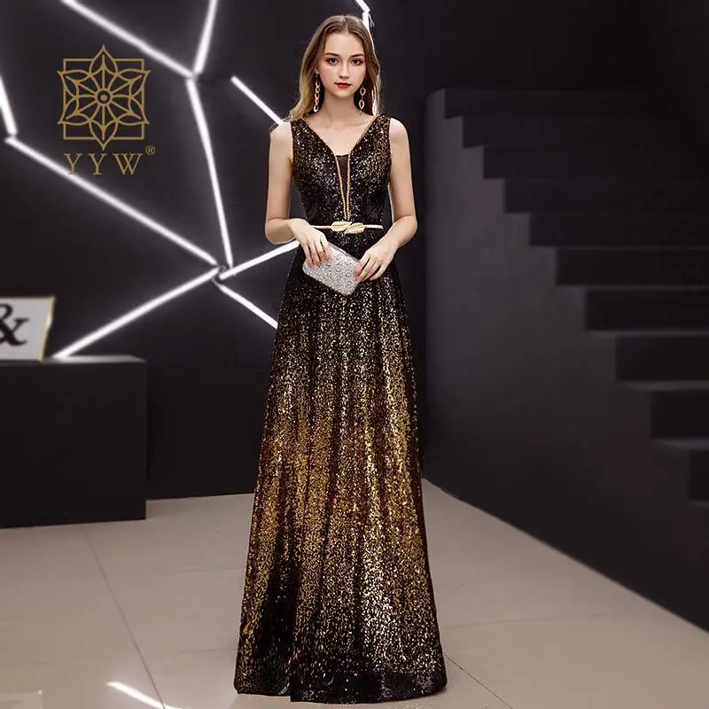 Black Gold Sleeveless Long Mermaid Dress for Women Girls Crystal Sequins Elegant Cocktail Night Gala Luxury Party Prom Gown 2023