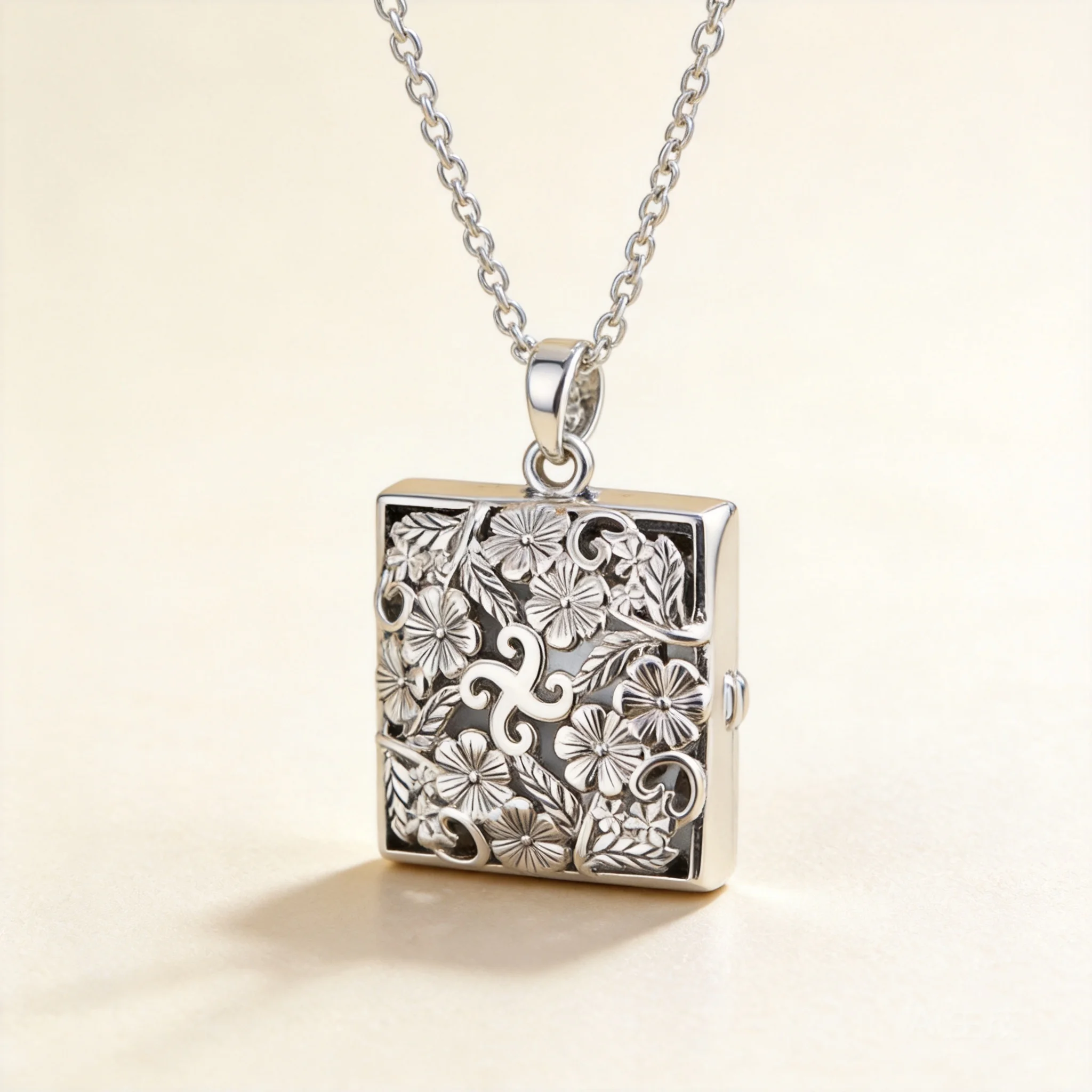 Chinese Style Lucky Blessing Hollow Plum Blossom Square Openable Gau Box Pendant Unisex Retro Aromatherapy Locket Sweater Chain