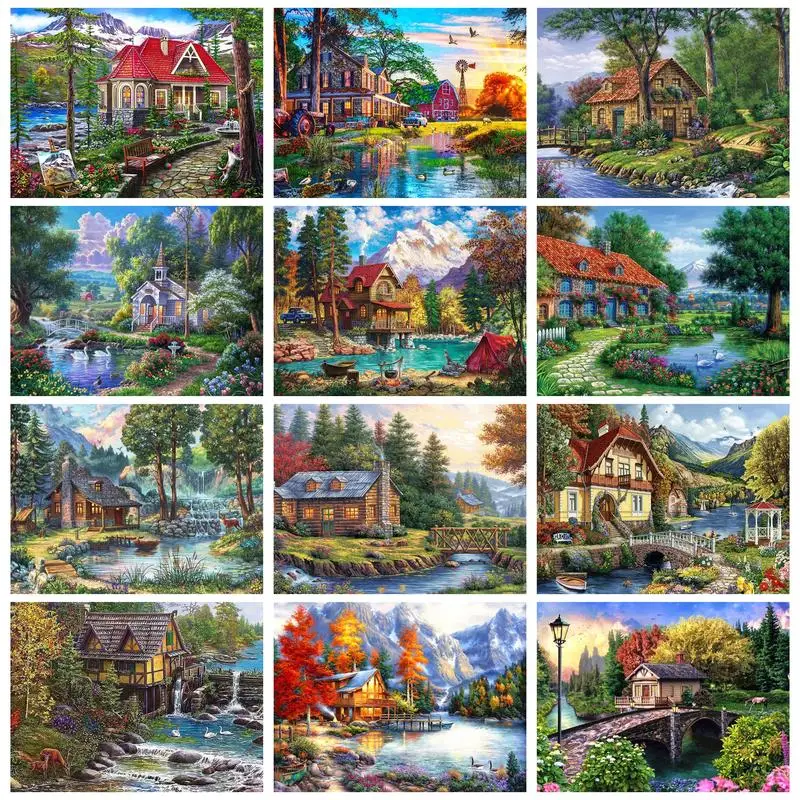 

CHENISTORY Modern Painting By Numbers Acrylic Paints Decorative Paintings Forest Wooden House Picture Paint For Adults Wall Art