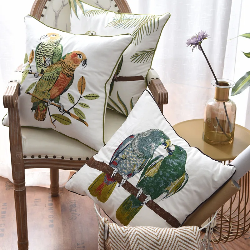 Pillow Cover Parrot Embroidered Pillowcase Sofa Cushion Cover Home Textile Decoration Cotton and Linen 45x45