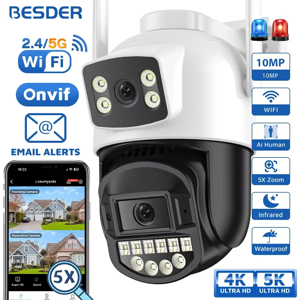 BESDER 5K 10MP Wifi Camera PTZ Outdoor AI Human Detection Dual Screen 4K 8MP CCTV Security IP Camera Audio Email Alarm O-Kam Pro