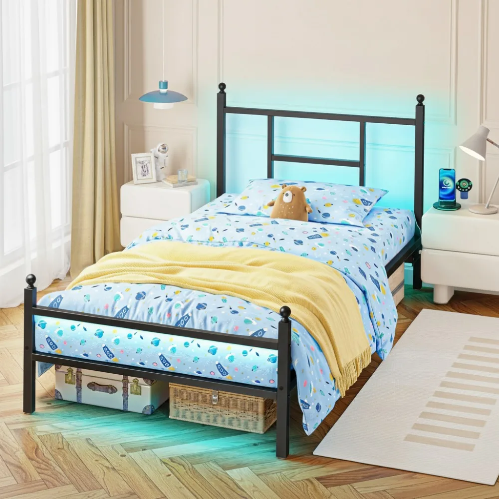 

Twin Bed Frame with LED Lights, Charging Station & Outlet, Black Metal Design for Quiet Sleep