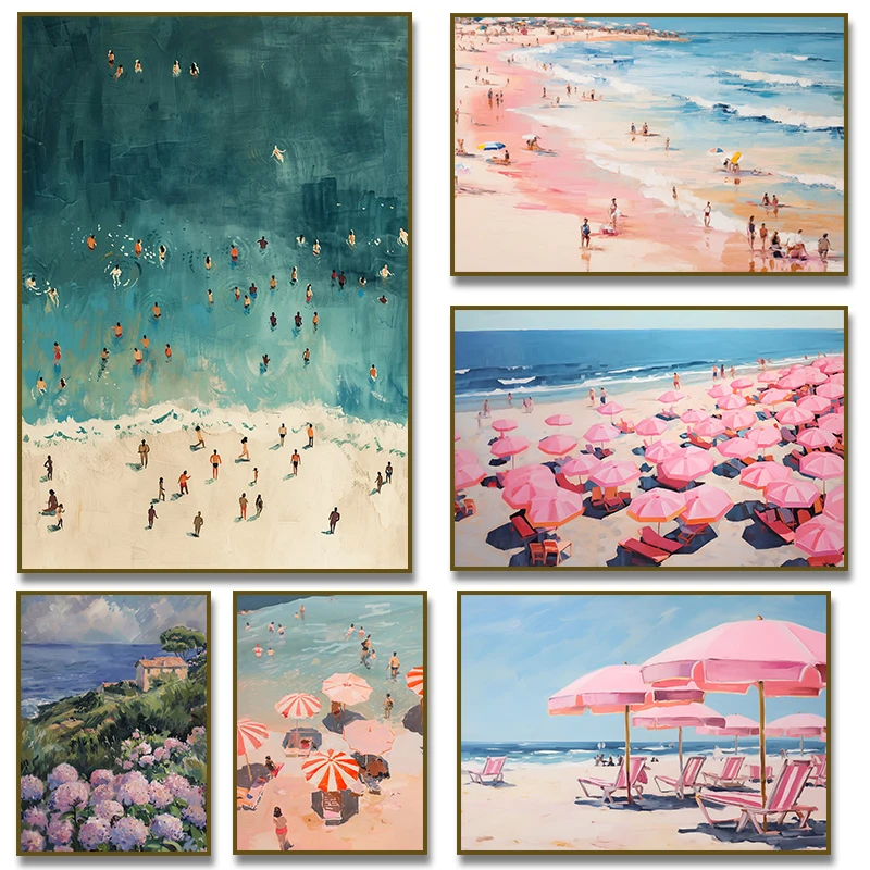 Sunset Pink Beach Umbrella Painting on Canvas Print Poster Seascape Wall Home Decor Cuadros Summer Sea Swim Sailboat Coastal