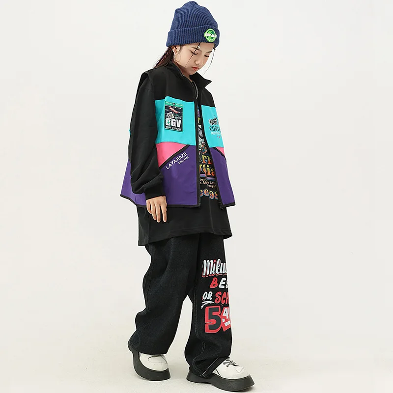 Gilet de danse de rue pour garçons et filles, veste patchwork, t-shirts avec lettres, pantalon jean, olympiques de jazz de performance, hip-hop adt