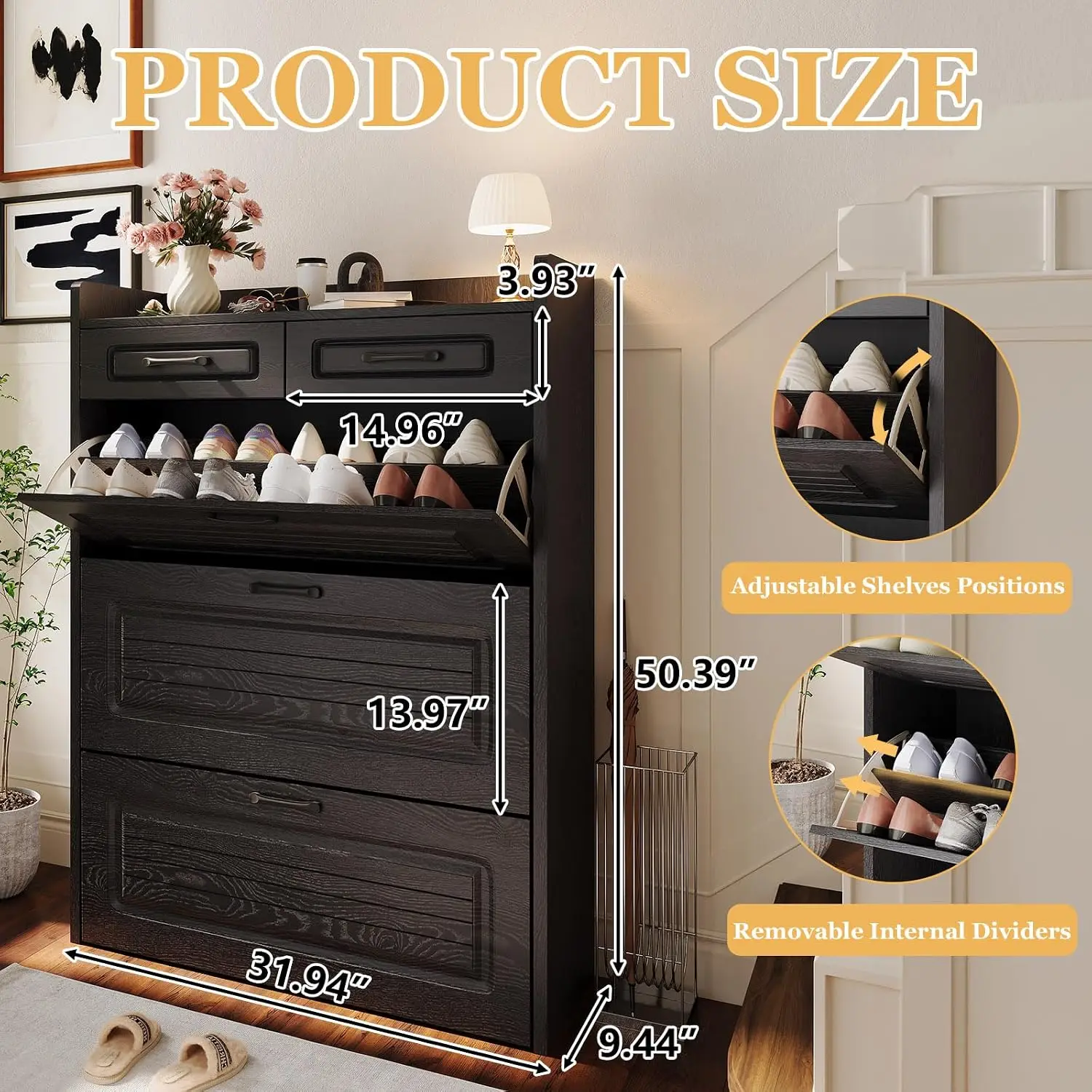 3 Flip & 2 Storage Drawers Shoe Cabinet with Adjustable Divider, Hidden Organizer for Entryway Hallway, Black, Customized