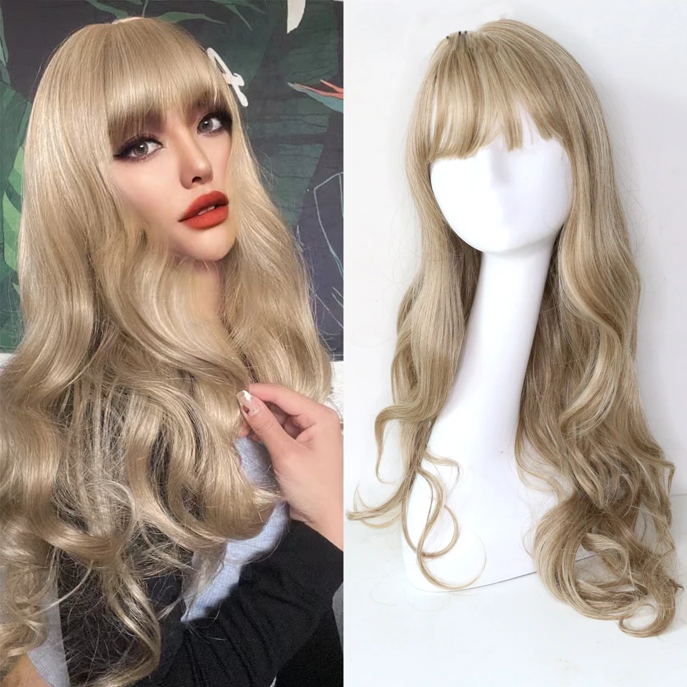 

Sivir Synthetic Wigs For Women Long Wavy Light Brown Natural Hair With Bangs Daily/Cosplay Simulated Big Scalp Heat Resistant