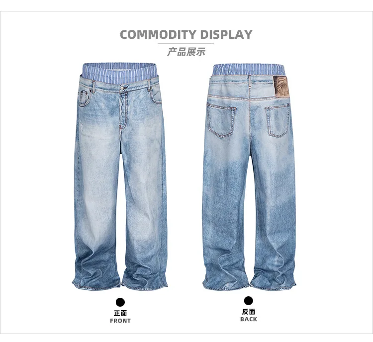 MIJKO 3D Printed Double Waist Splicing Jeans Straight Leg Washed Worn White Trousers for Men And Women