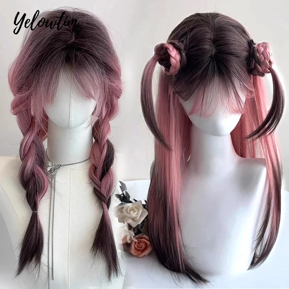 

YELOWTIM черный розовый Ombre синтетические парики для косплея длинные прямые многослойные парики с челкой для женщин термостойкие искусственные волосы