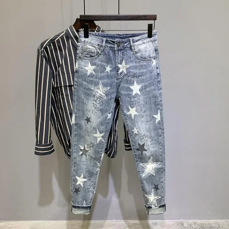 Broek Ster Stretch Man Cowboy Broek Met Print Heren Jeans Hiphop Grafisch Elastisch 2024 Mode Baggy Koreaanse Stijl Plus Size