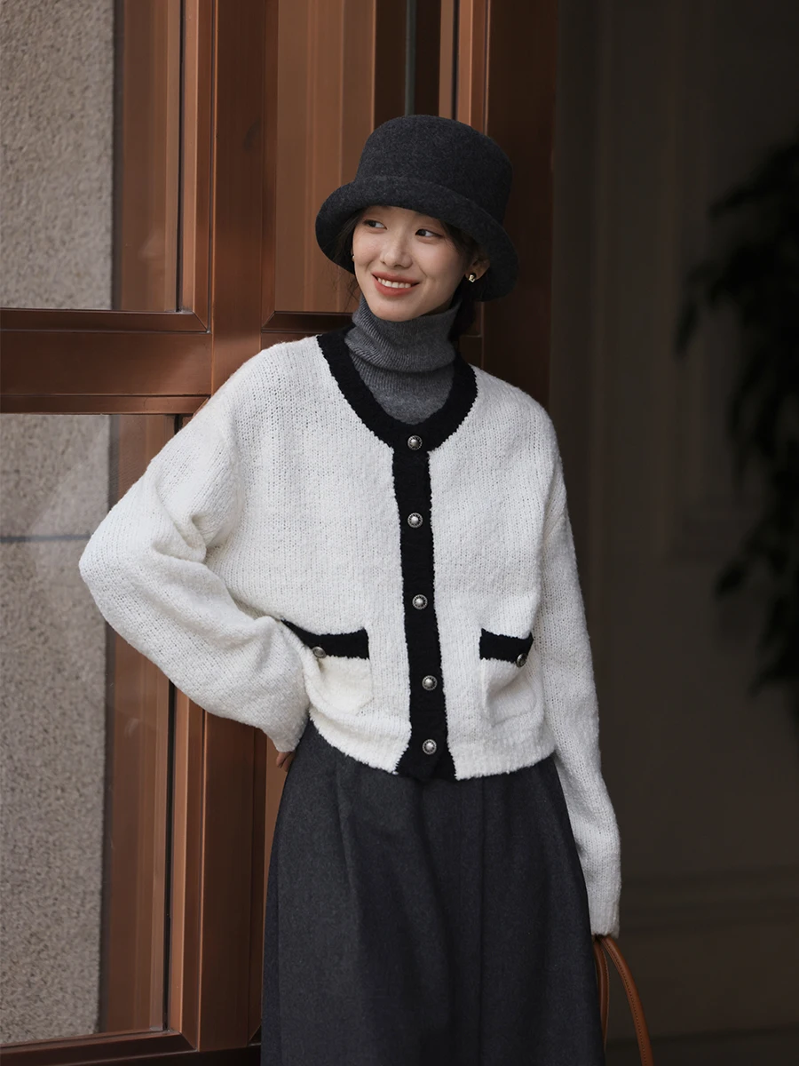 

Женский кардиган Moofeel из высококачественной шерсти, вязаный, свободного кроя, с воротником в стиле ретро, осенне-зимний, с цветными вставками, длинный пальто-свитер