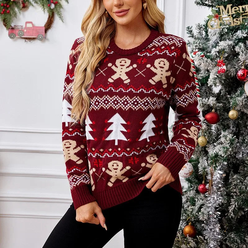 Gingerbread Man Knitted Christmas Sweater Wine Red Casual Long Sleeve Christmas Tree Striped Warm Autumn/Winter Sweater 2024 Nowość