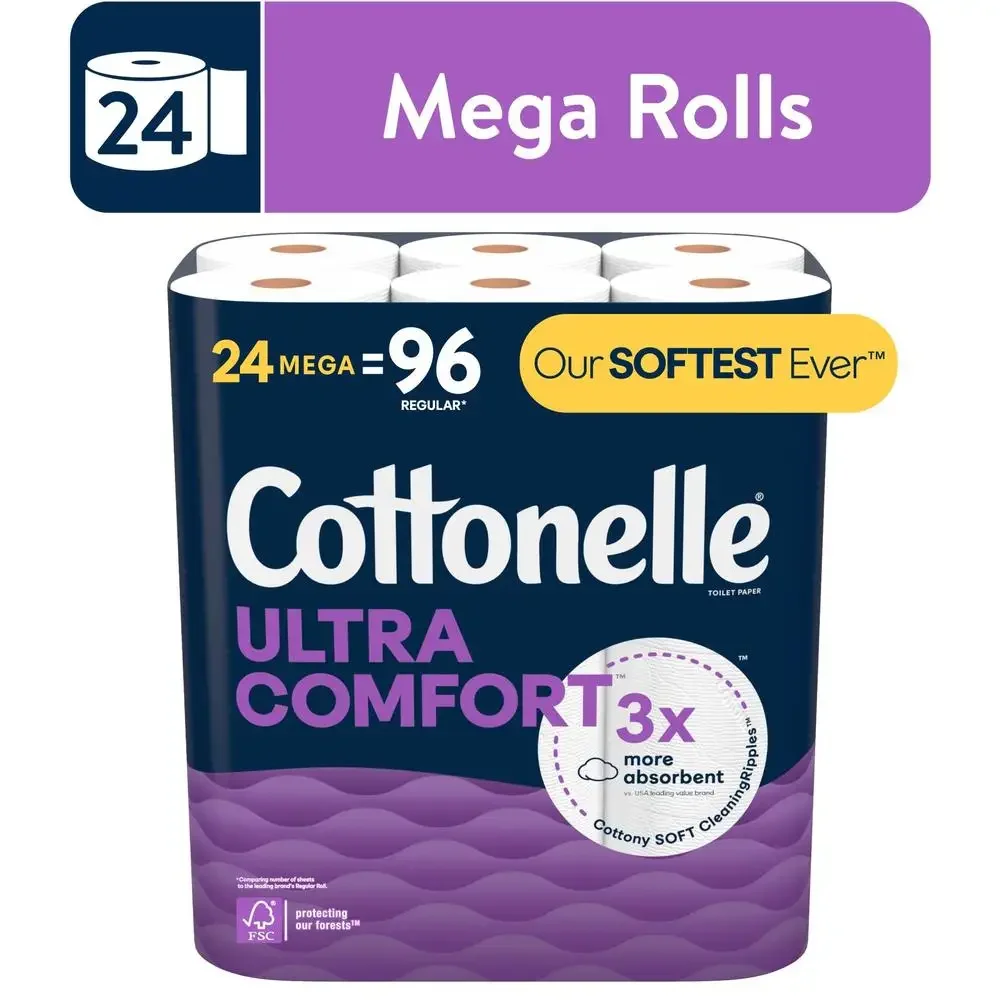 Ultra Comfort Toilet Paper 24 Mega Rolls Soft CleaningRipples Absorbent Clog-Free Dissolving Unbeatable Comfort Dry Clean