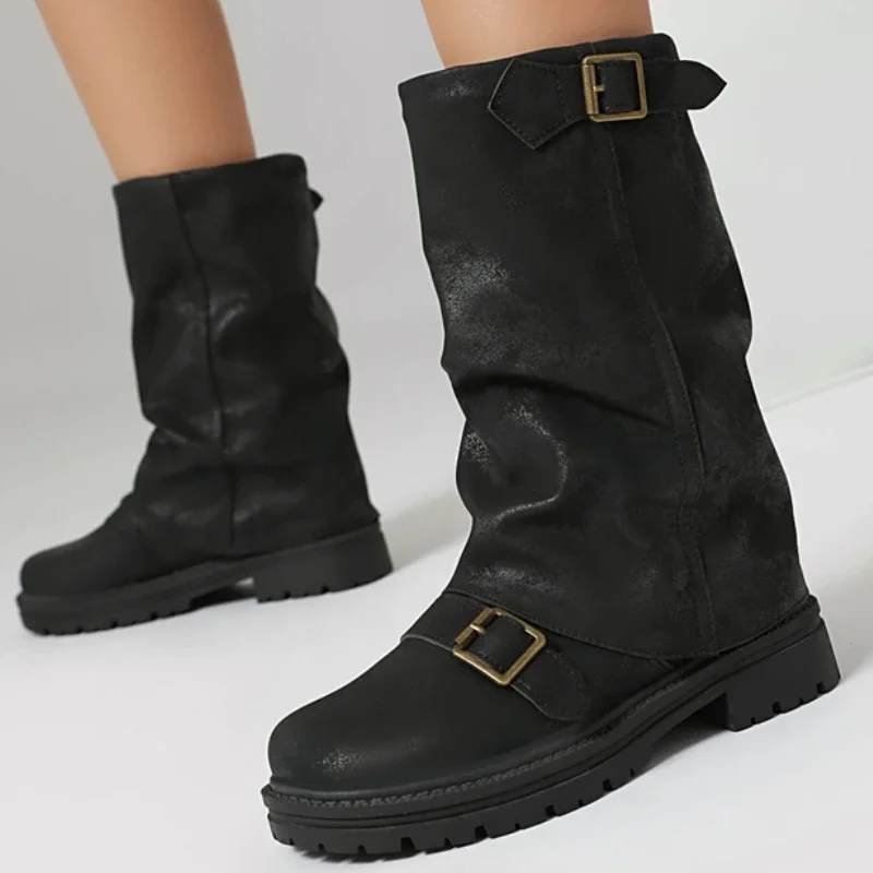 

Black Women's Ankle Boots Autumn Winter Shoes 2025 Turned-over Edge Vintage Low Heels Party Footwear Shoes Large Size 48