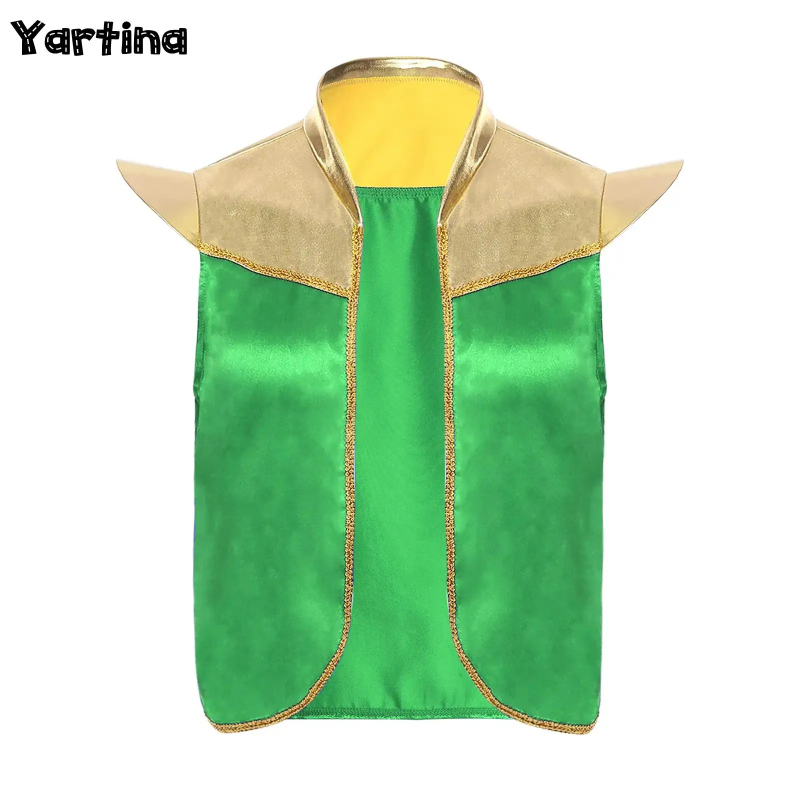 

Mens Shiny Metallic Vest Mythical Arabian Prince Cosplay Costume Halloween Outfits Shoulder Pads Open Front Vest Waistcoat