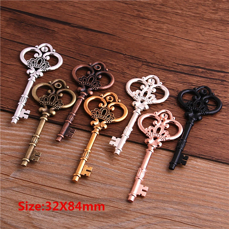 2Pcs 6 Color Metal Alloy Lovely Large Crown Key Charms Vintage Jewelry Keys Charms 32*84mm