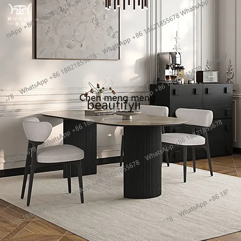 

178French retro rock slab dining table and chair combination modern oval solid wood rock slab dining table