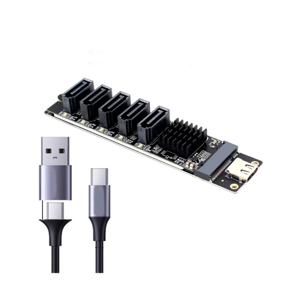 Plug and Play 6Gbps PCI-E Riser Multi-Port 5-Channel Type C To SATA Adapter JMB575 USB C To SATA Adapter NAS Expansion