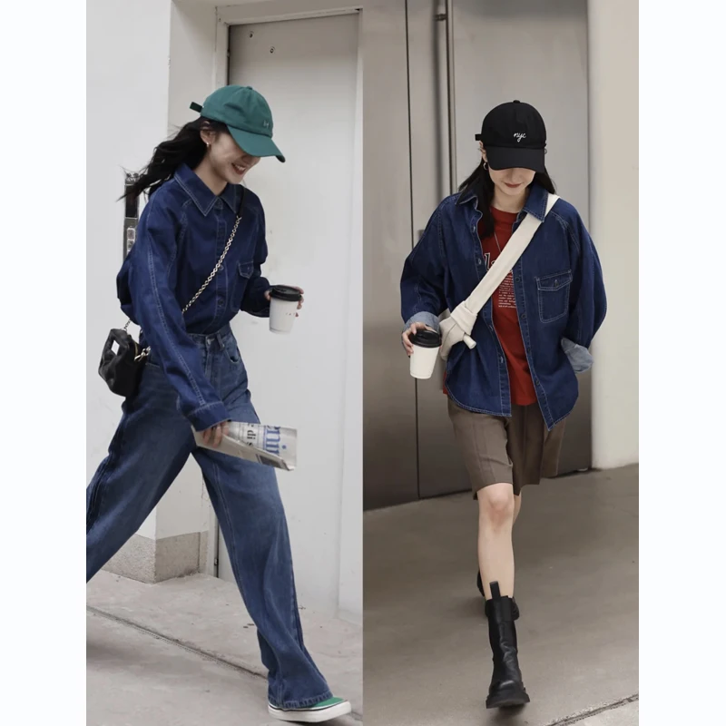 

Retro Waed Cotton Denim irt Women's Long Sve Collar ket Detail Pure Color Commute Sle Eco-Friendly irt