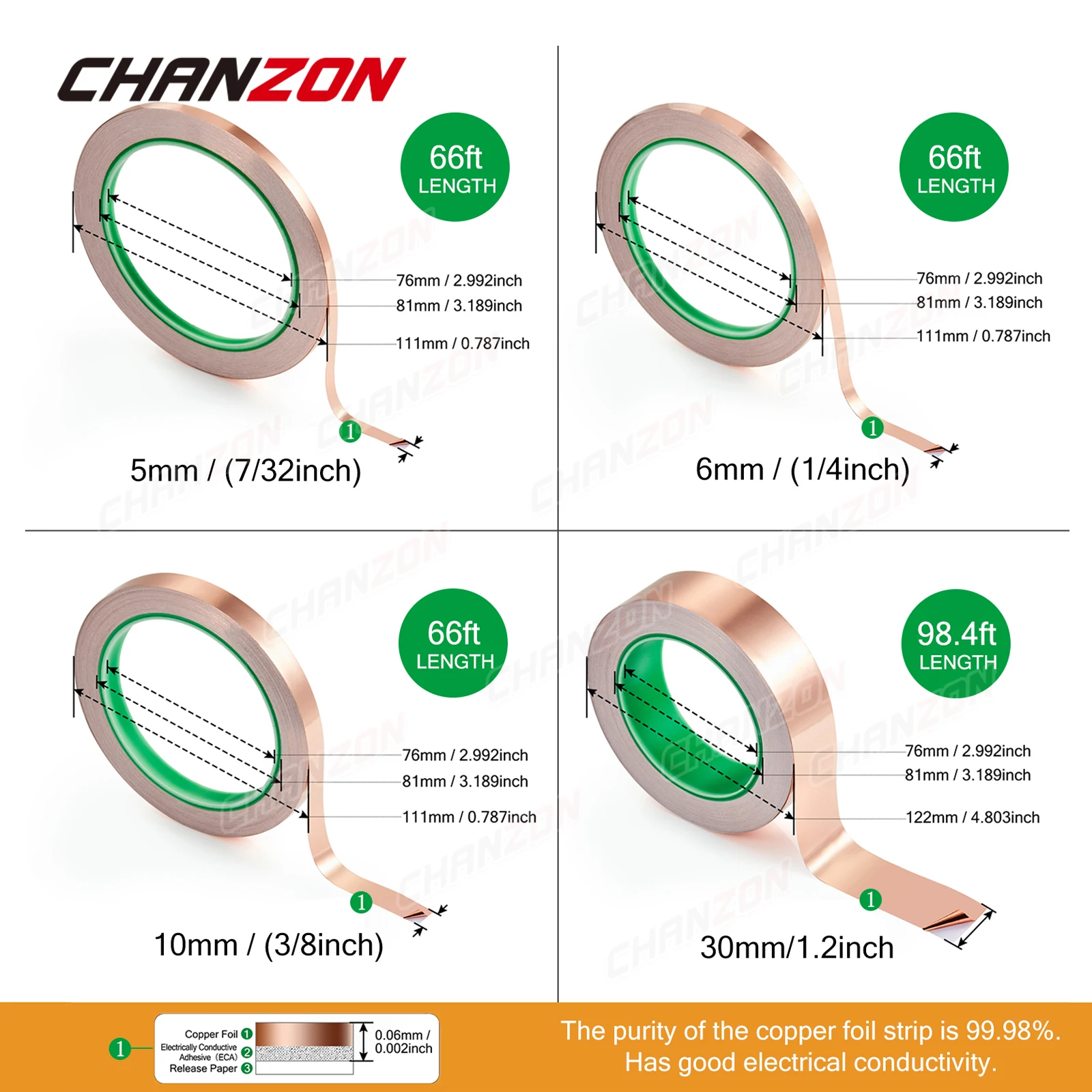 Nastro in lamina di rame Striscia conduttiva adesiva bifacciale per chitarra Schermatura EMI Deterrente per lumache in vetro colorato 5mm 6mm 10mm