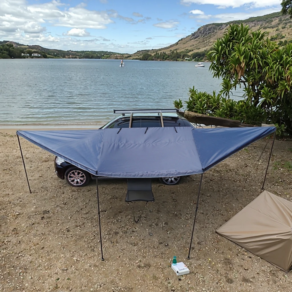 

Free Standing 4x4 Vehicle Awning LED Light 180 Degree Weatherproof Overland Sun Shelter Aluminum Pole Driver Side Car Awning