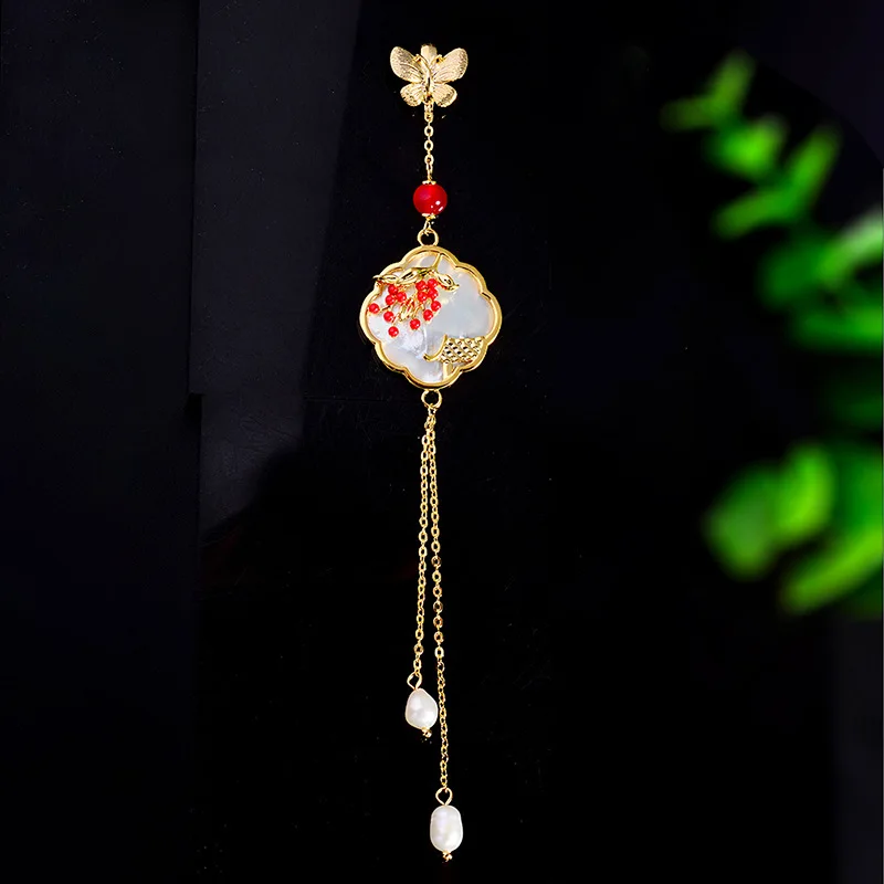 Chinese Style Lucky Auspicious Blessing Retro Shell Freshwater Pearl Tassel Brooch Pendant Women Cheongsam Hanfu Jewelry Gift