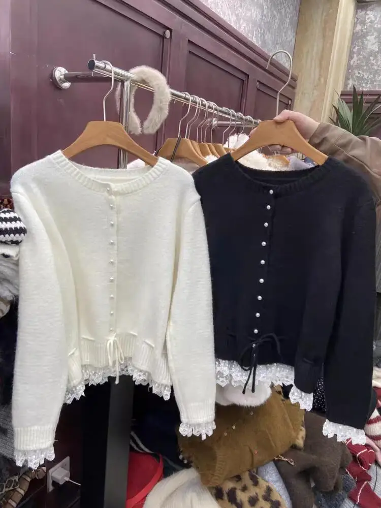 Cardigan coreano in pizzo dolce da donna primavera casual vestibilità ampia manica lunga girocollo top lavorato a maglia maglione legato in vita versatile
