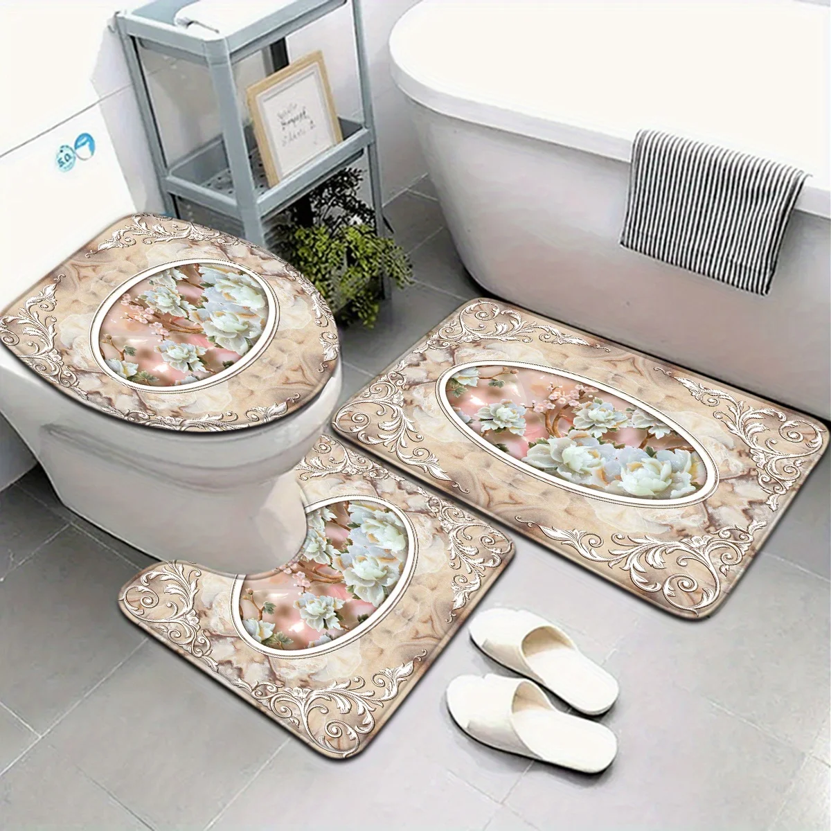 Luxury Floral Bath Mat Set for Bathroom Decor, Toilet Mat Rug \u0026 Bath Rug, Waterproof Home Accessories