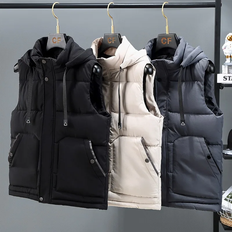 

Men Waistcoat Winter Warm Black Gray Hooded Sleeveless Jacket Male Cotton-Padded Thick Plus Size 4XL Popular Casual Vest
