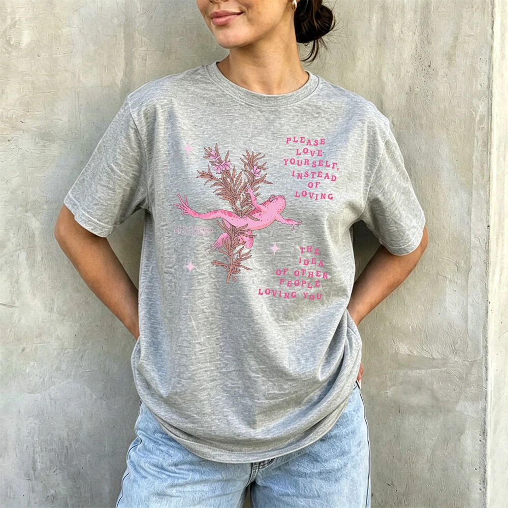 Pink Salamander Self Love Motivational Quote Women Summer Cotton T Shirt Mystery Aesthetic Frog Floral Minimal Graphic Top