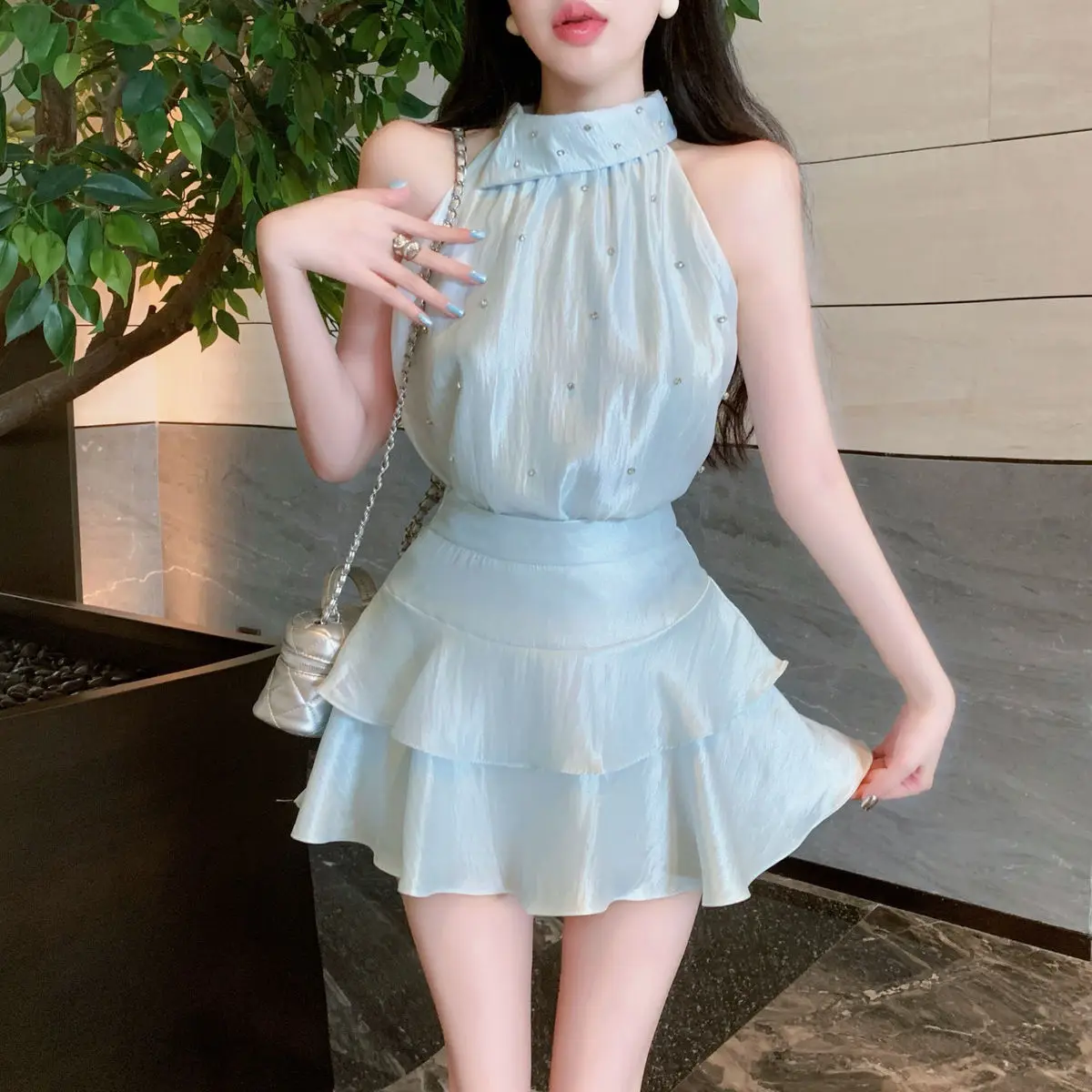 

Korea Woman Two Piece Set Sexy Elegant Crop Tank Tops Rhinestone Camis Slim Mini Skirts Summer Fashion Ladies Suits Chic