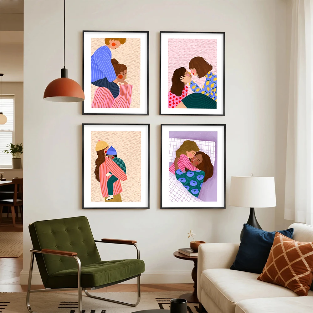 Healing Mother & Daughter Hug Prints Nordic Ins Style Posters French Cozy Family-Themed Character Canvas Painting Bedroom Decor